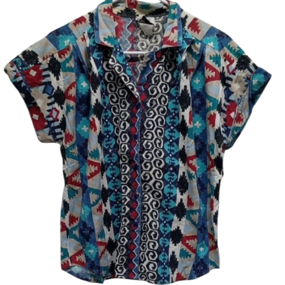 Vintage Tapestry Red/Blue Aztec Print Button Down Shirt